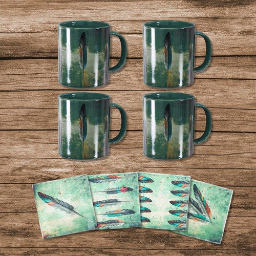 Emerald Feathers 8 Pc Mug & Coaster Set