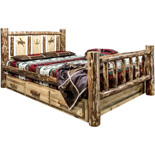Cascade Storage Bed with Laser Engraved Bronc Design - King