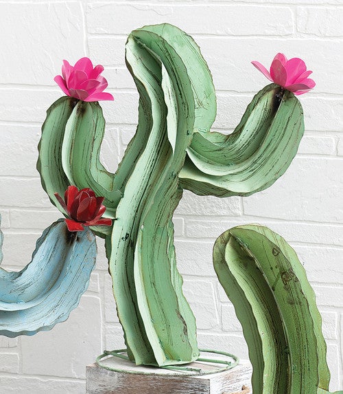 Blooming Cactus Green Metal Sculpture - Medium