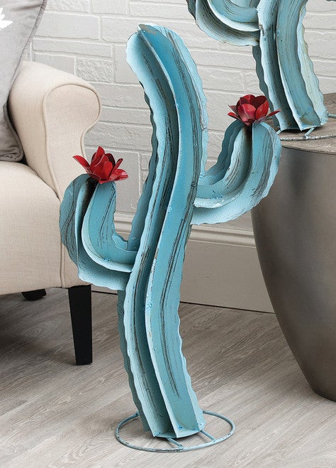 Blooming Cactus Blue Metal Sculpture - Large