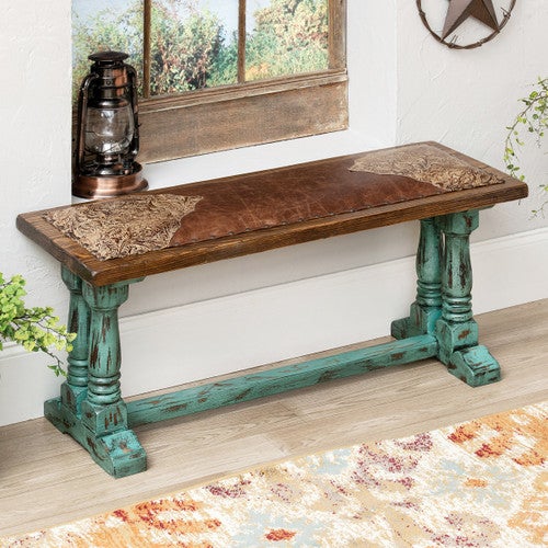 Turquoise Creek Tooled Leather Bench