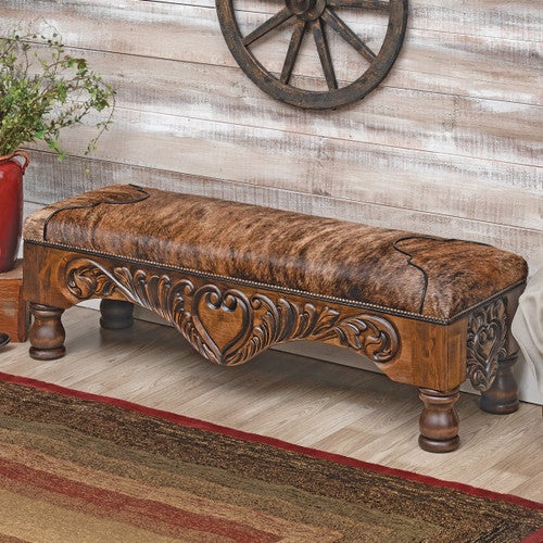 Western Scroll Carved Cowhide Bench