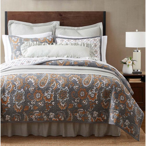 Floral Paisley Reversible Gray Quilt Bed Set - Twin