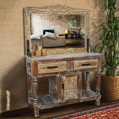 Whitewashed Rope Carved Hall Tree with Mirror