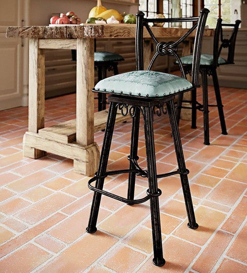Coronado Iron Stool with Back - Colonial Turquoise