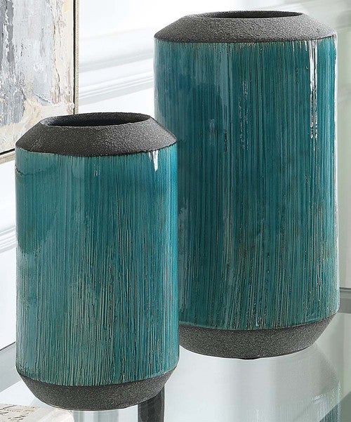 Distressed Aqua Vases - Set of 2
