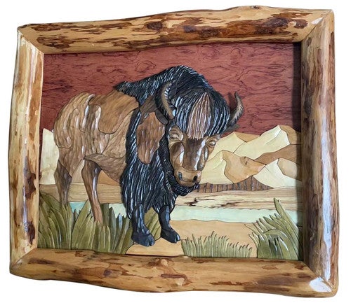 Hand Carved Buffalo Wood Wall Art