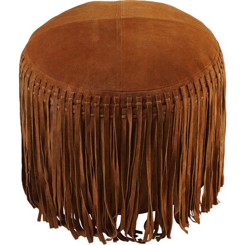 Cheyenne Fringed Leather Pouf - Cognac