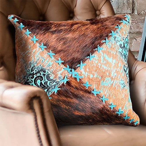 Cowhide Teal Floral & Brindle Pillow