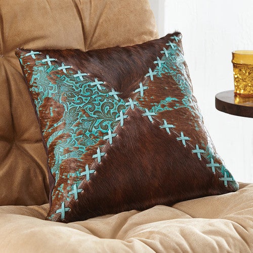 Cowhide Teal Floral & Brindle Pillow