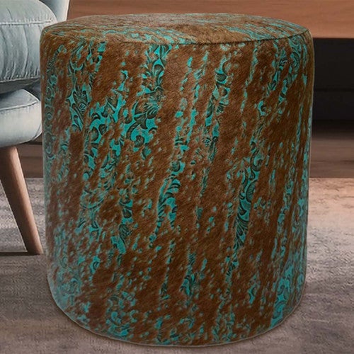 Distressed Turquoise Floral Cowhide Round Pouf