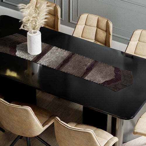 Fringed Red Floral Embossed Leather Table Runner - 120 Inch