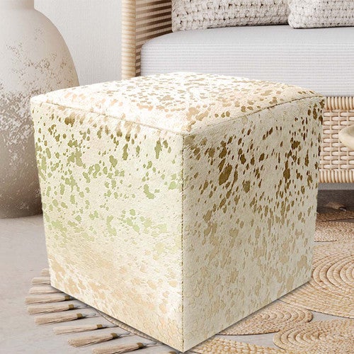 Gold Splashed Cowhide Square Pouf
