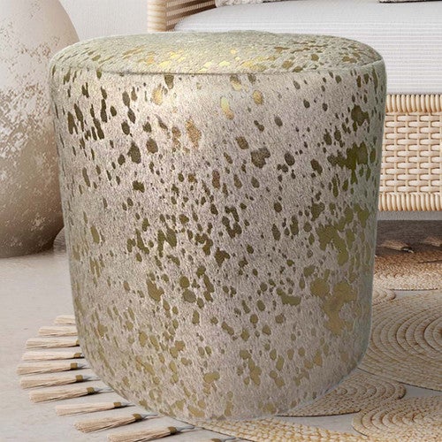 Gold Splashed Cowhide Round Pouf
