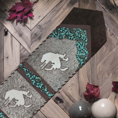 Light Fringed Wild Rider Teal Flower Table Runner - 96 Inch