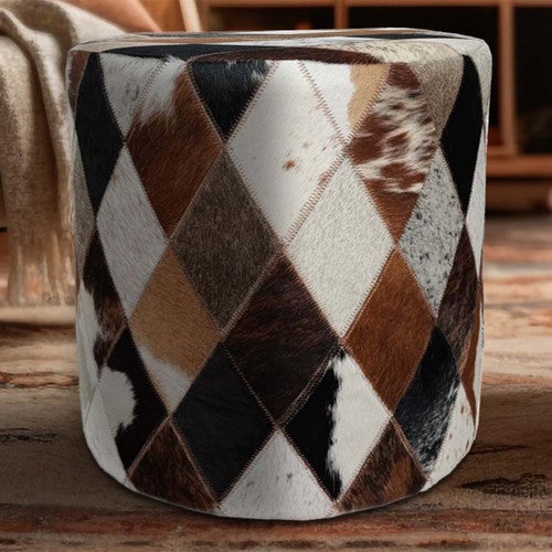 Mosaic Cowhide Round Pouf