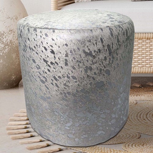Silver Splashed Cowhide Round Pouf