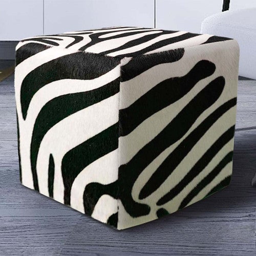 Zebra Cowhide Square Pouf