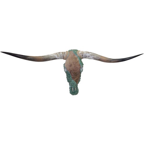 Authentic Longhorn Skull with Brindle Cowhide & Jade Glass