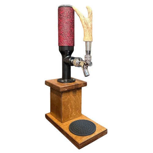Single Whiskey Tower with Red Tooled Leather & Antler Tap