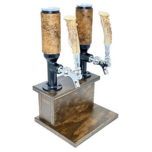 Double Whiskey Tower with Brindle Cowhide & Antler Tap