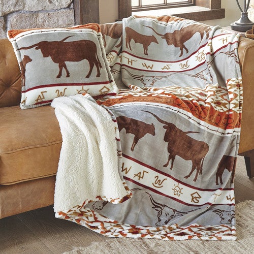 Longhorn Ranch Plush Sherpa Pillow & Throw