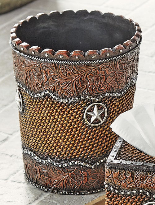 Western Star Tooled Leather Waste Basket