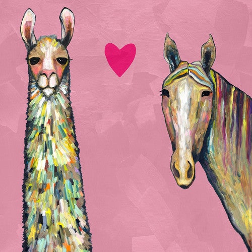 Horse & Llama Love on Pink Canvas Print