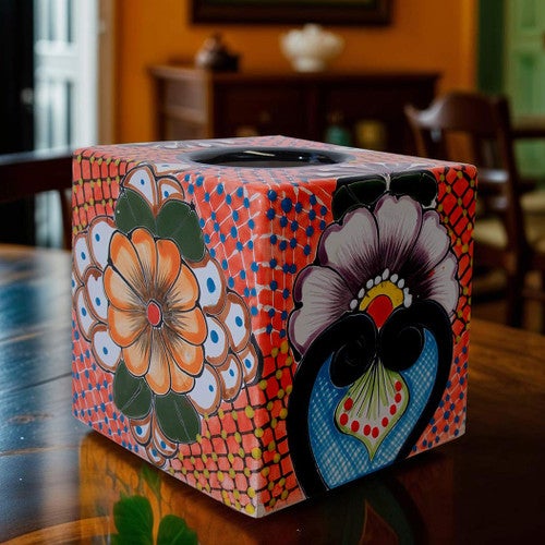 Canyon Glow Talavera Tissue Box Cover - Square