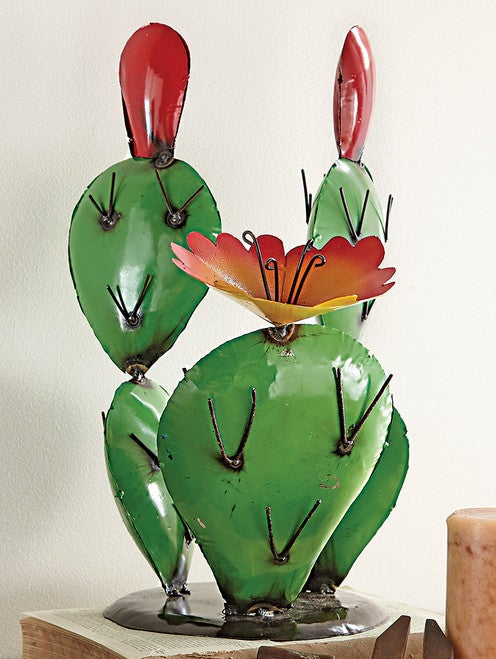 Prickly Bloom Cactus Metal Art Sculpture - Green