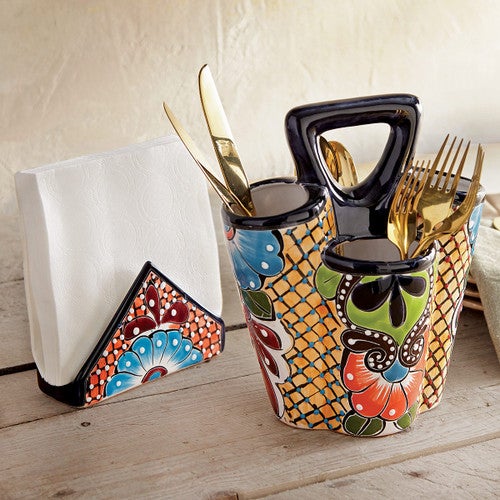 Blue Flower Talavera Napkin Holder & Caddy
