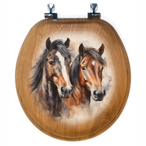 Dual Horse Wood Toilet Seat - Round