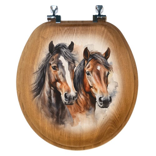 Dual Horse Wood Toilet Seat - Round