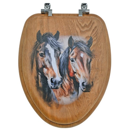 Dual Horse Wood Toilet Seat - Elongated