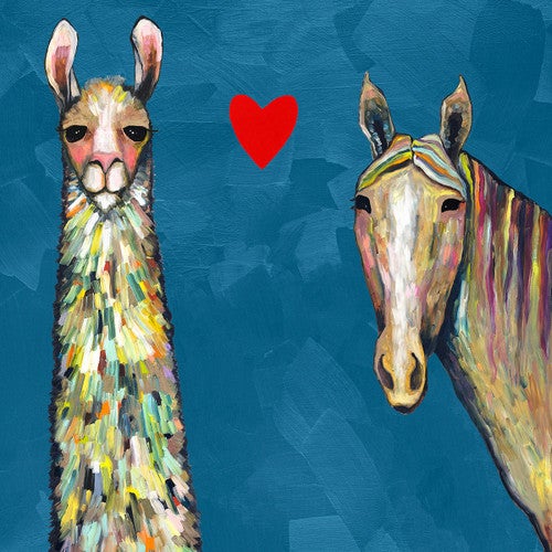 Horse & Llama Love on Blue Canvas Print