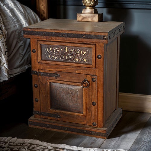 North Fork Tooled Leather Nightstand - Opens Left