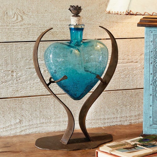 Turquoise Heart Glass Art Decanter