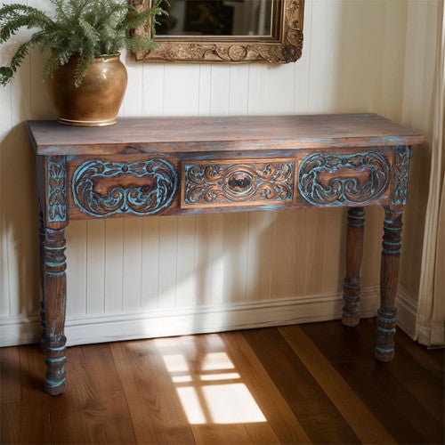 Lewiston Carved Console Table - Turquoise