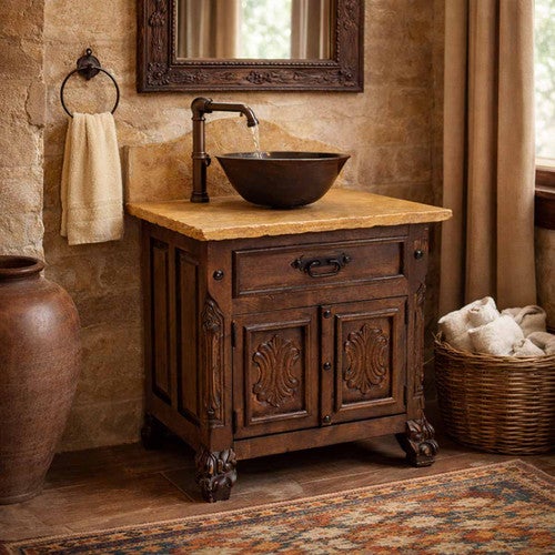 Innkeeper Carved Vanity with Stone Top & Copper Sink