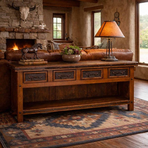 Drake Solid Wood Console with Tooled Leather Detail