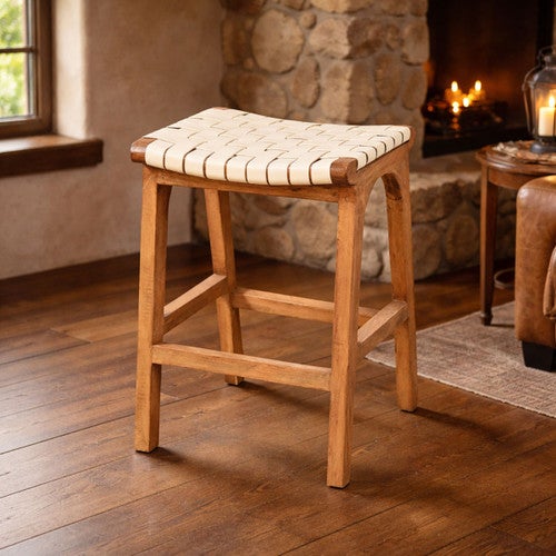 Tupelo Braided Leather Barstool - White