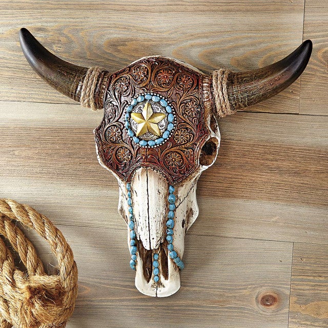 Bull Skull with Tooled Leather Design