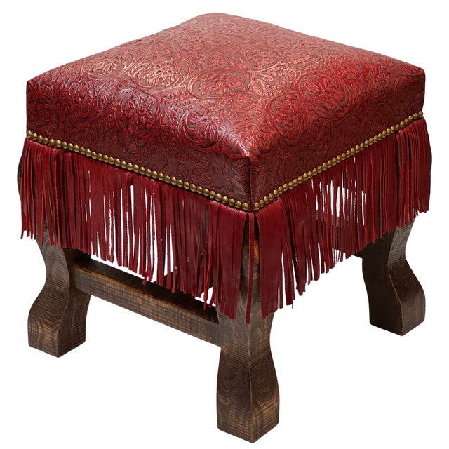 Crimson Fringe Leather Ottoman