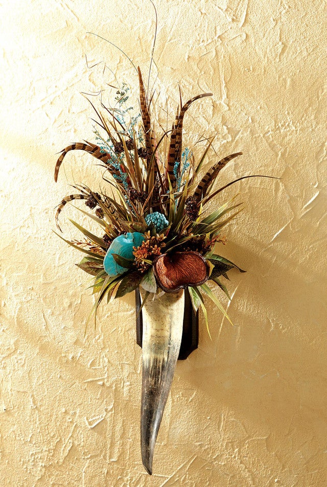 Floral & Pheasant Feathers Horn Wall Hanging