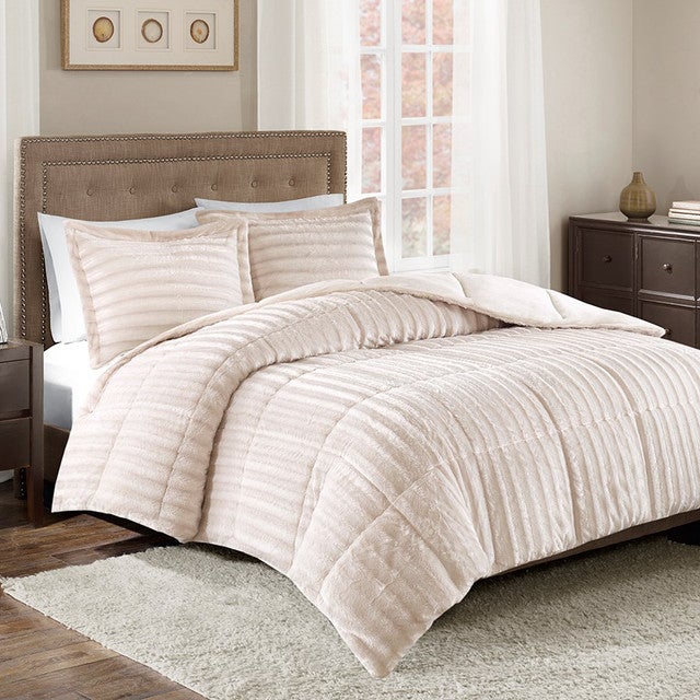 Logan Champagne Faux Fur Comforter Set - Queen