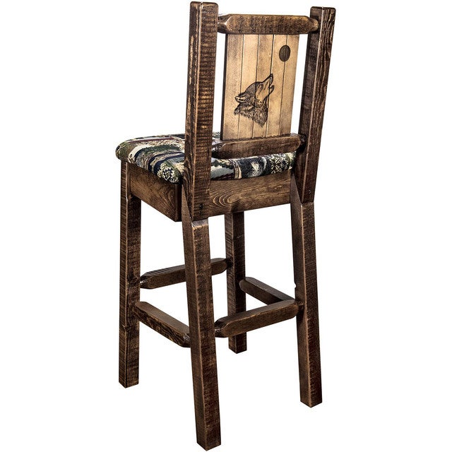 Ranchman's Barstool with Back & Laser-Engraved Wolf Design