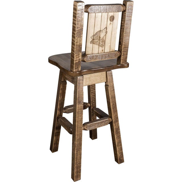 Denver Swivel Barstool with Engraved Wolf Back - Stained & Lacquered