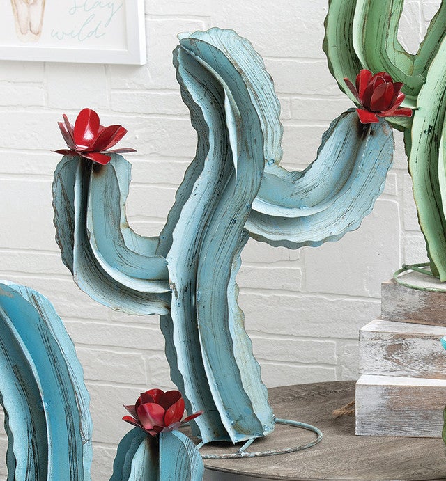 Blooming Cactus Blue Metal Sculpture - Medium