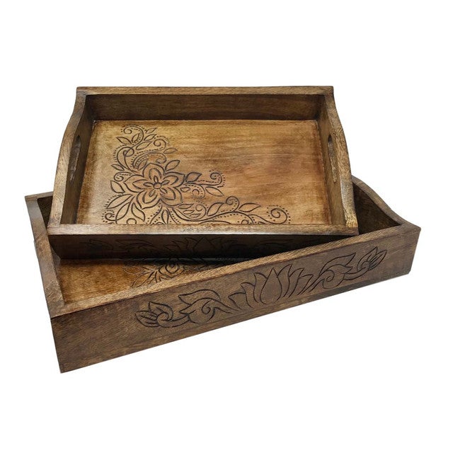 Spring Bloom Wooden Serving Trays - Set of 2