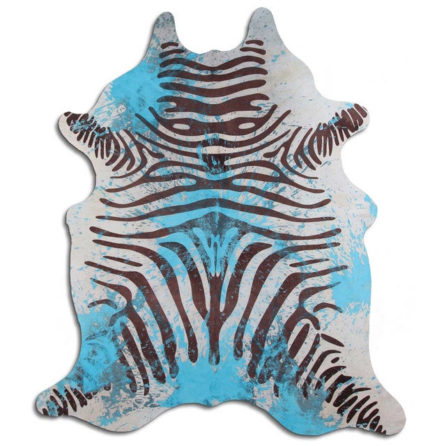 Distressed Aqua Zebra Cowhide Rug - Medium